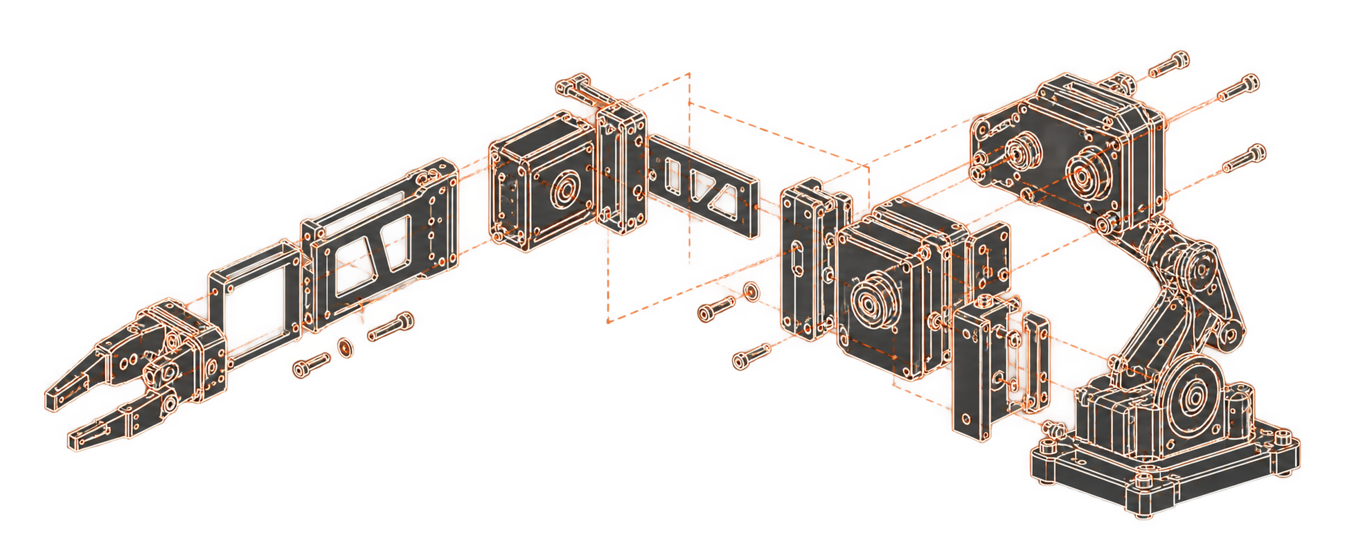 Illustrative exploded robot-arm concept, not an engineering drawing.
