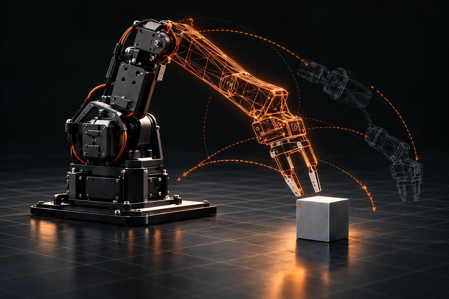 Concept render of a tabletop robot arm transitioning from graphite metal to copper wireframe, reaching toward a cube.