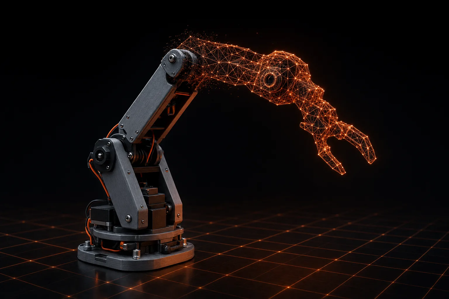 Desktop robot arm whose metal structure dissolves into a glowing orange wireframe toward the gripper, standing on a dark gridded floor.