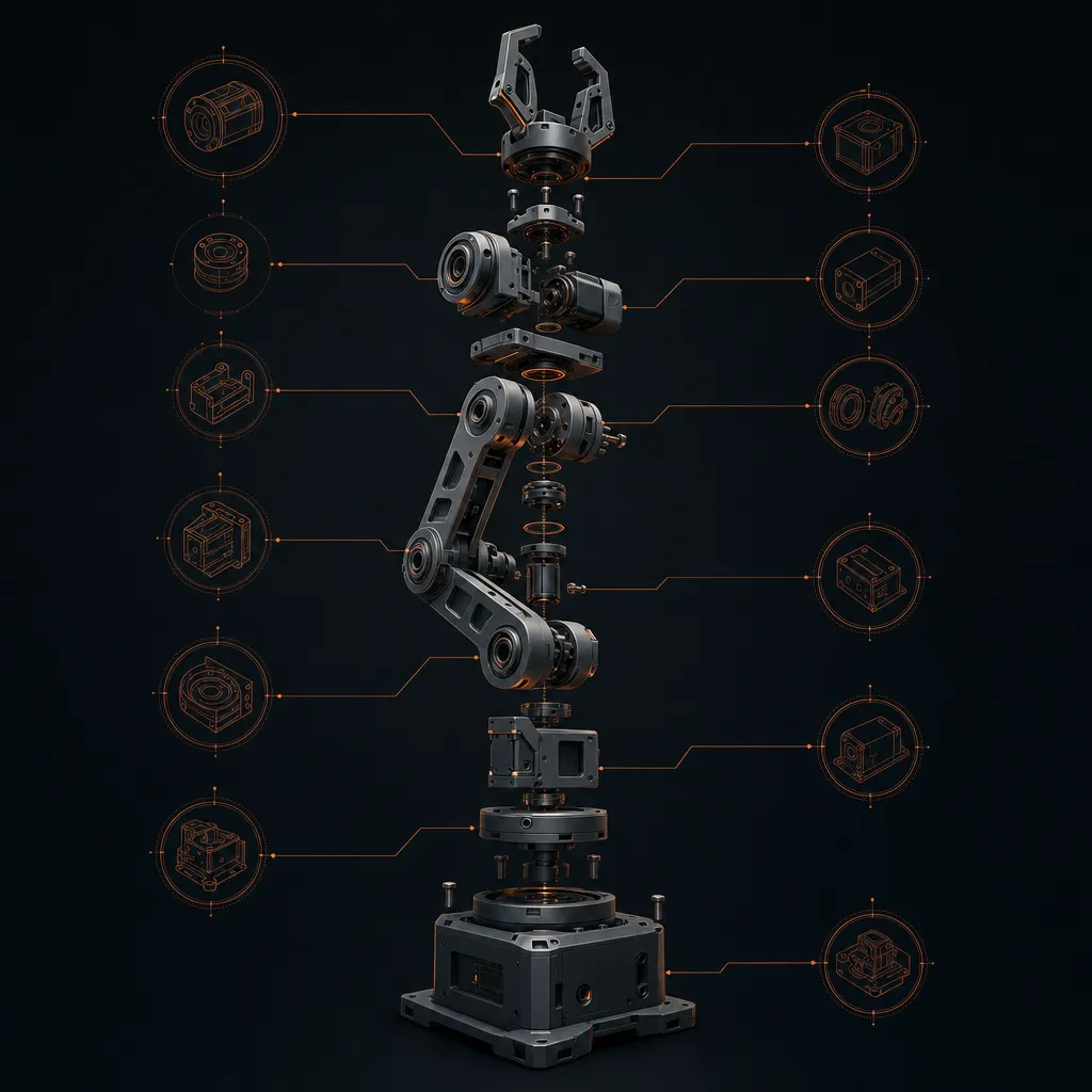 Exploded blueprint view of a desktop robot arm: gripper, joints, servos and base separated vertically, annotated with orange schematic callouts.
