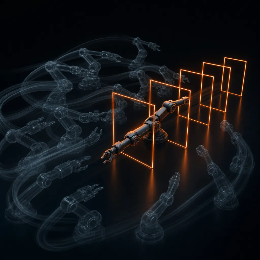 Dozens of ghosted, translucent robot-arm trajectories; a single solid orange arm passes through a row of glowing rectangular gate frames.